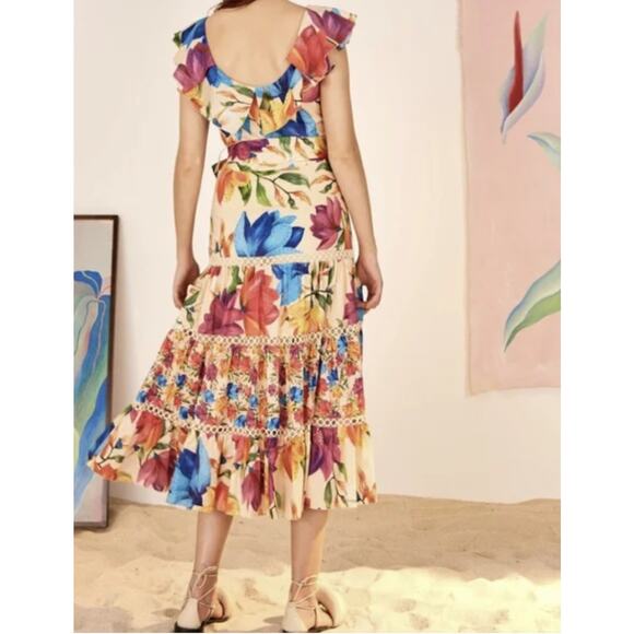 FARM Rio Vibrant Mary’s Garden Frilled Top Midi Dress Size Small - Picture 5 of 14